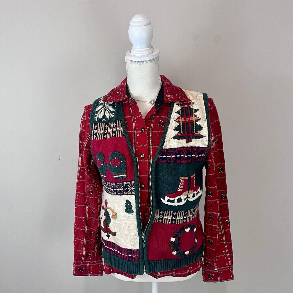Krazy Kat Button Up Shirt Womens Size S Red Plaid Christmas Novelty Top Vintage - Picture 8 of 8